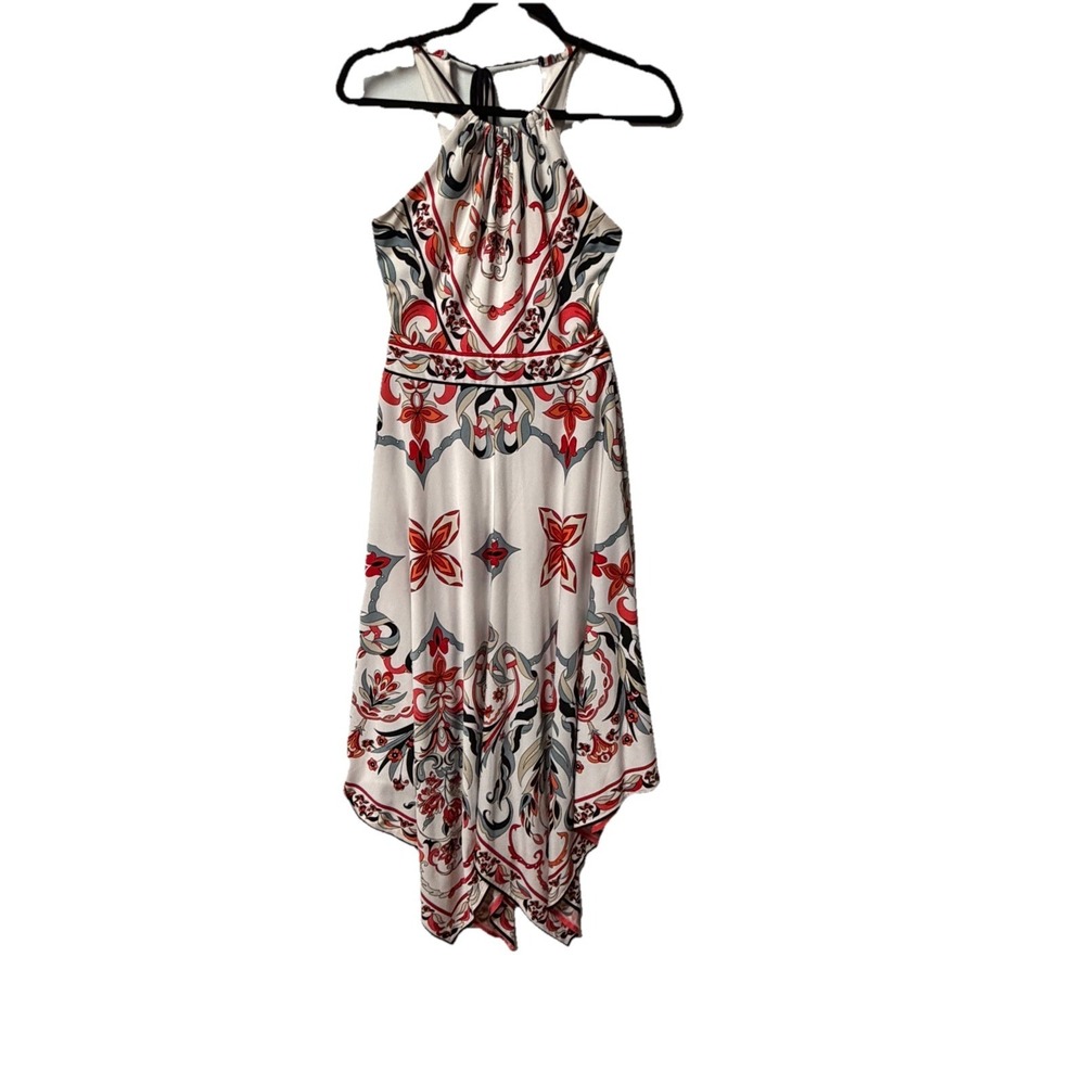 Boston Proper White Red Floral Chiffon Halter Asymmetric Midi Dress Sleeveless 2 - Picture 2 of 7